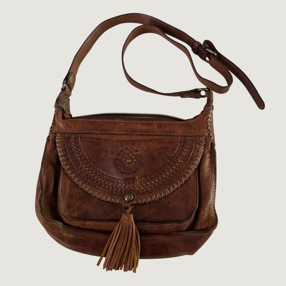 Boho Patricia Nash Brown Leather Crossbody Bag Small Tassel Tooled Studded EUC